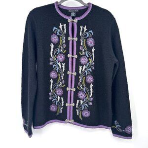 Eagles Eye Vintage Womens Sweater cardigan Floral Hook Eye Wool Pewter Clasp Em